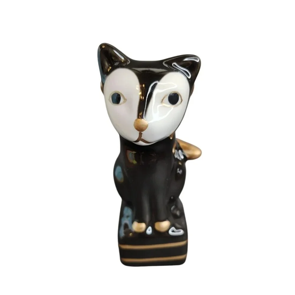 West Elm Black White Cat Angel Wing Cat Figurine, Gold Wings Nose Toes, Ceramic